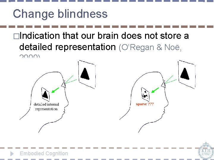Change blindness �Indication that our brain does not store a detailed representation (O’Regan &
