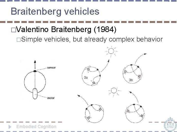 Braitenberg vehicles �Valentino �Simple Braitenberg (1984) vehicles, but already complex behavior Embodied Cognition 