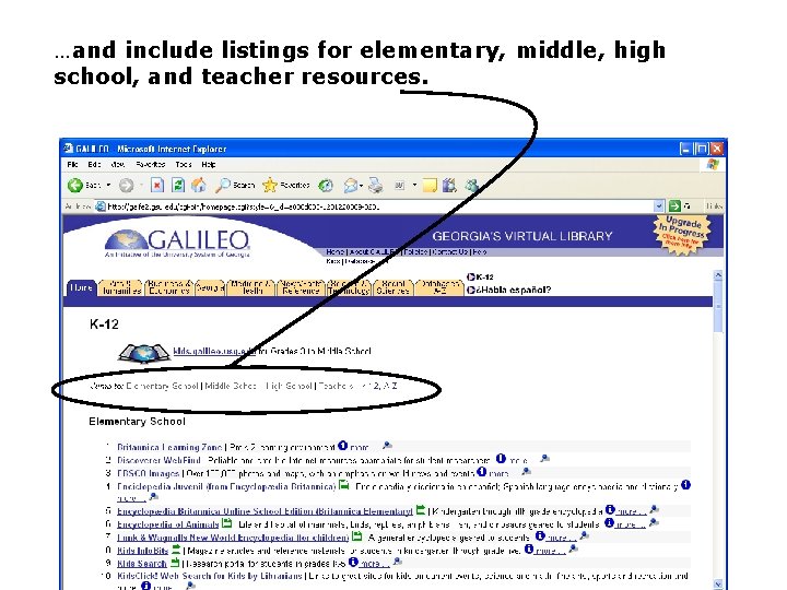 …and include listings for elementary, middle, high school, and teacher resources. 