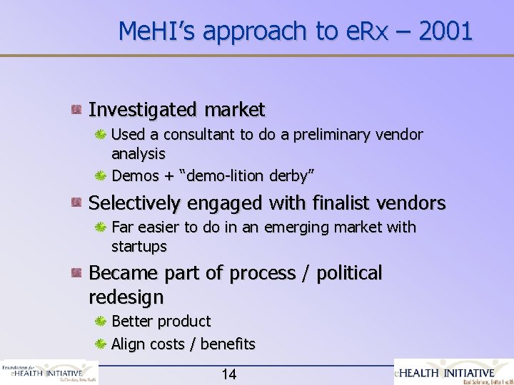 Me. HI’s approach to e. Rx – 2001 Investigated market Used a consultant to