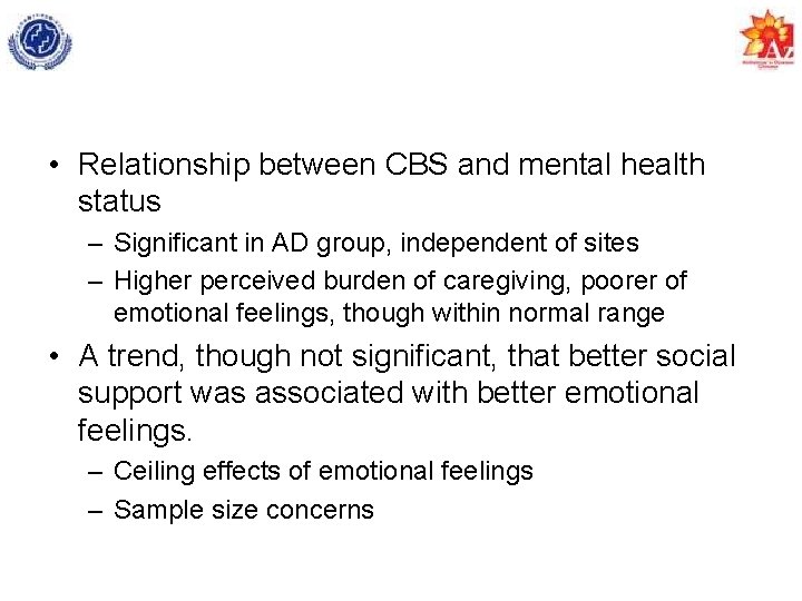  • Relationship between CBS and mental health status – Significant in AD group,