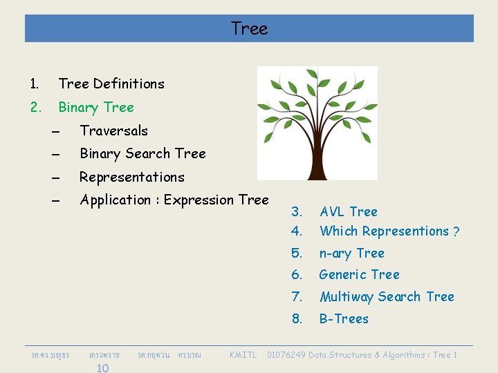 Tree 1. Tree Definitions 2. Binary Tree – Traversals – Binary Search Tree –