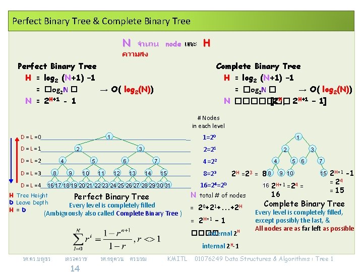 Perfect Binary Tree & Complete Binary Tree N จำนวน node และ ความสง H Perfect