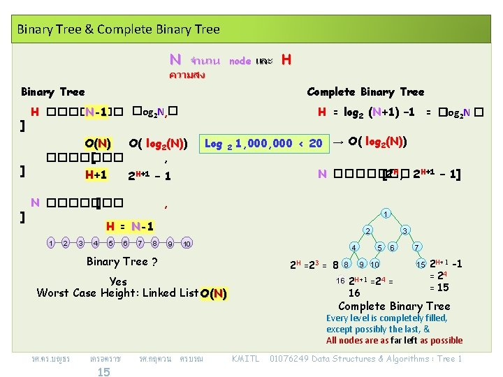 Binary Tree & Complete Binary Tree N จำนวน node และ ความสง Binary Tree ]