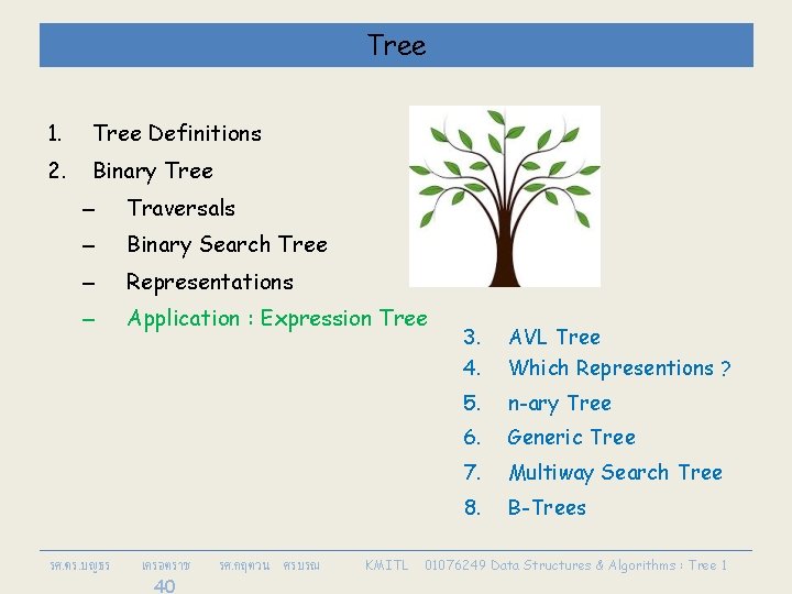 Tree 1. Tree Definitions 2. Binary Tree – Traversals – Binary Search Tree –