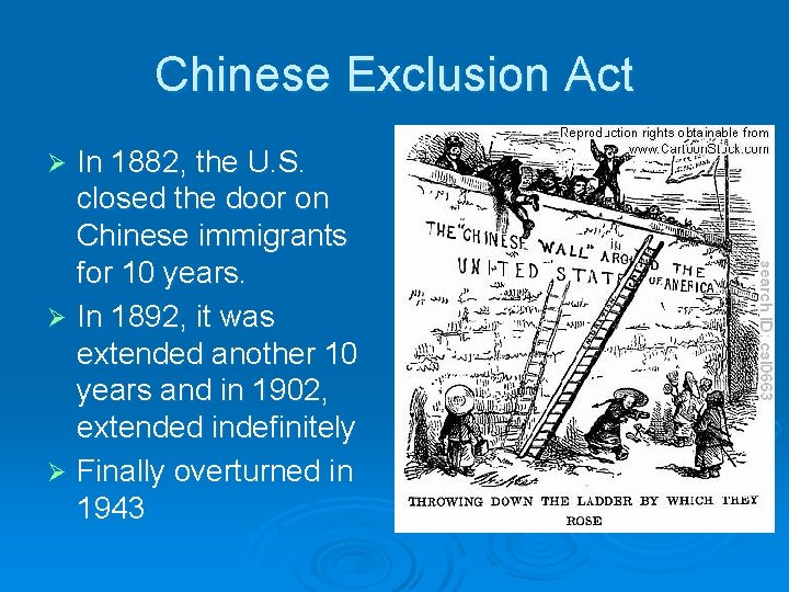 Chinese Exclusion Act In 1882, the U. S. closed the door on Chinese immigrants