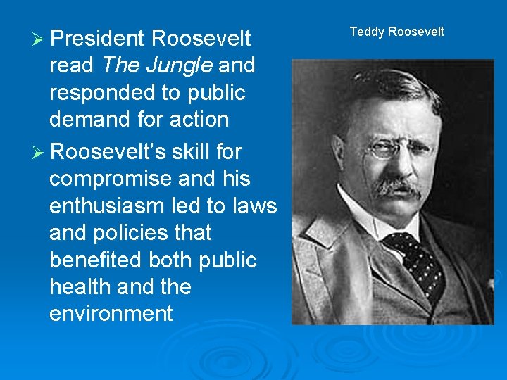 Ø President Roosevelt read The Jungle and responded to public demand for action Ø