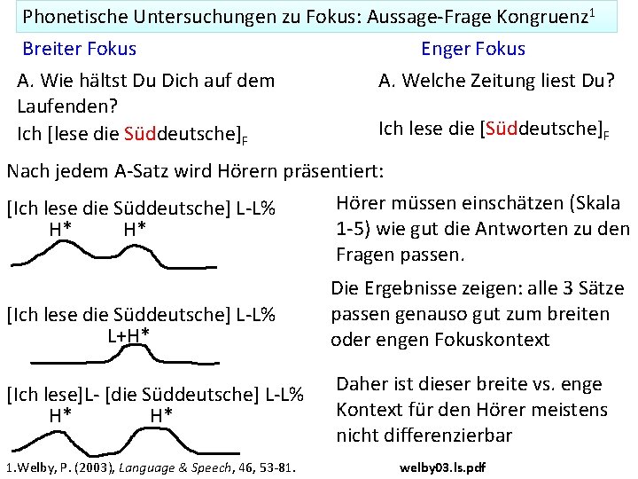 Phonetische Untersuchungen zu Fokus: Aussage-Frage Kongruenz 1 Breiter Fokus Enger Fokus A. Wie hältst