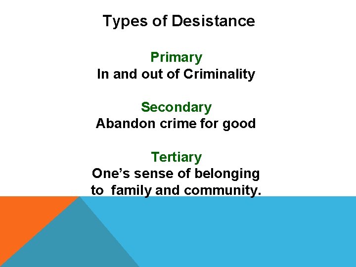 Types of Desistance Primary In and out of Criminality Secondary Abandon crime for good