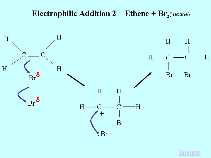 Electrophilic Addition 2 – Ethene + Br 2(hexane) H H C C H Br Electrophilic Addition 2 – Ethene + Br 2(hexane) H H C C H Br