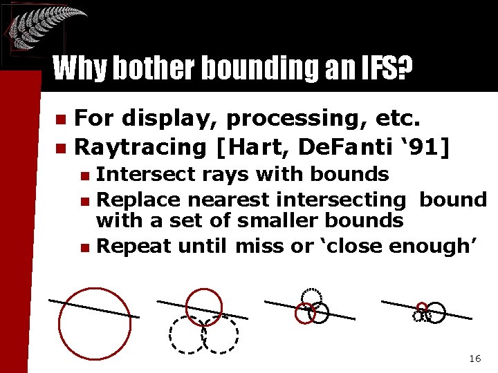 Why bother bounding an IFS? For display, processing, etc. n Raytracing [Hart, De. Fanti