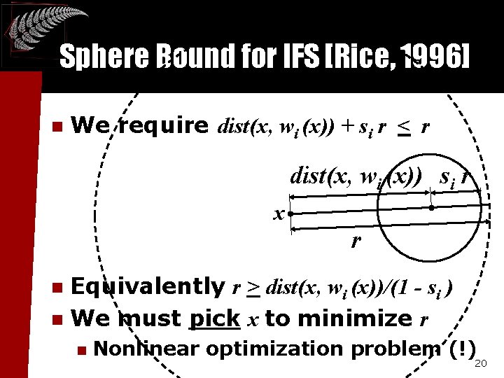 Sphere Bound for IFS [Rice, 1996] n We require dist(x, wi (x)) + si