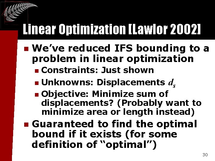 Linear Optimization [Lawlor 2002] n We’ve reduced IFS bounding to a problem in linear