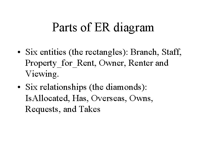 Parts of ER diagram • Six entities (the rectangles): Branch, Staff, Property_for_Rent, Owner, Renter Parts of ER diagram • Six entities (the rectangles): Branch, Staff, Property_for_Rent, Owner, Renter
