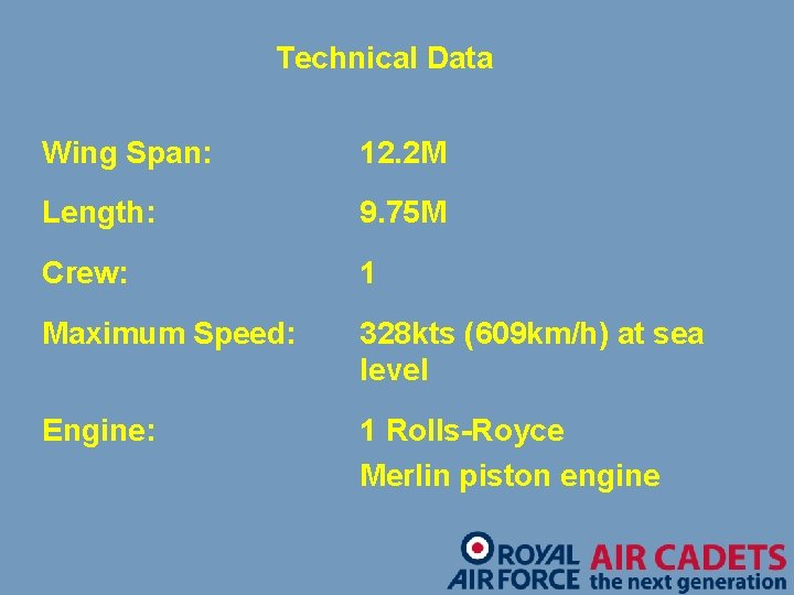 Technical Data Wing Span: 12. 2 M Length: 9. 75 M Crew: 1 Maximum