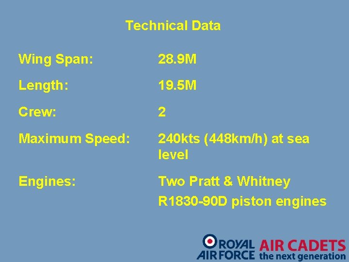 Technical Data Wing Span: 28. 9 M Length: 19. 5 M Crew: 2 Maximum