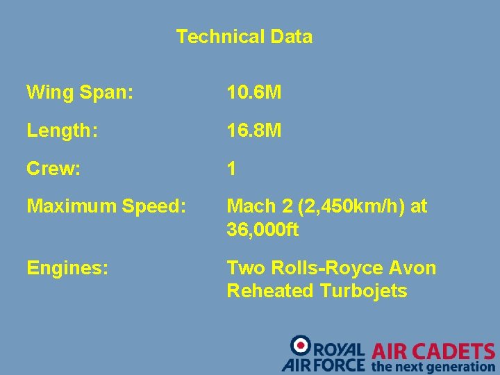 Technical Data Wing Span: 10. 6 M Length: 16. 8 M Crew: 1 Maximum