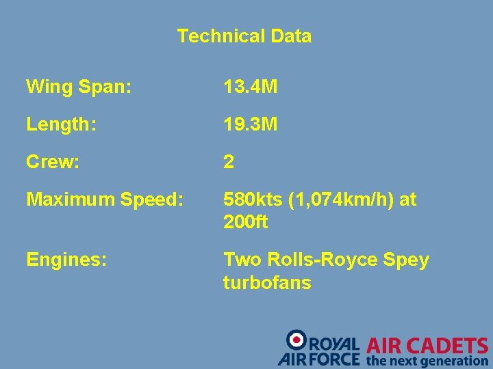 Technical Data Wing Span: 13. 4 M Length: 19. 3 M Crew: 2 Maximum