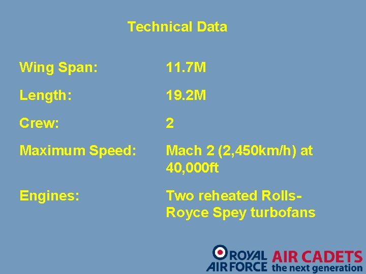 Technical Data Wing Span: 11. 7 M Length: 19. 2 M Crew: 2 Maximum