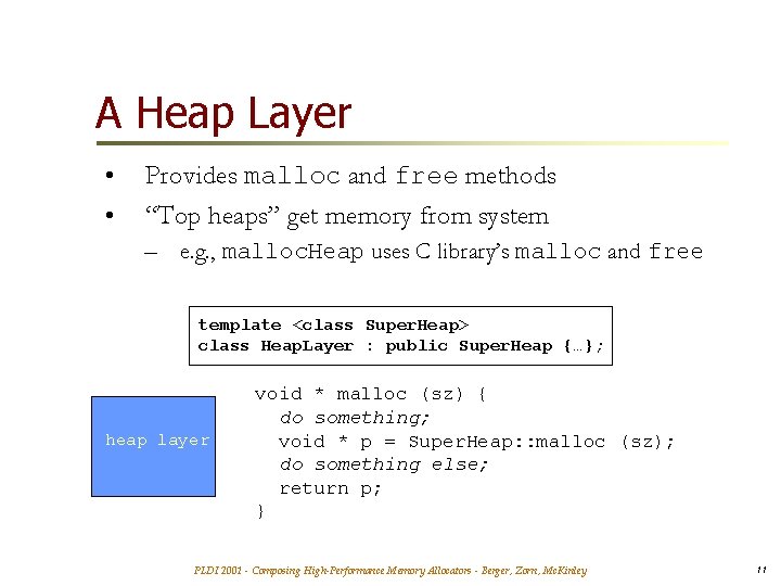 A Heap Layer • • Provides malloc and free methods “Top heaps” get memory