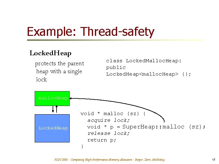 Example: Thread-safety Locked. Heap protects the parent heap with a single lock class Locked.