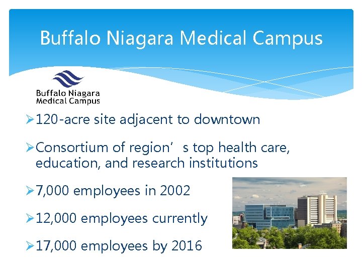 Buffalo Niagara Medical Campus Ø 120 -acre site adjacent to downtown ØConsortium of region’s