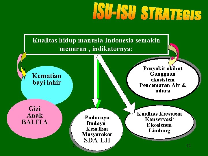 Kualitas hidup manusia Indonesia semakin menurun , indikatornya: Penyakit akibat Gangguan ekosistem Pencemaran Air