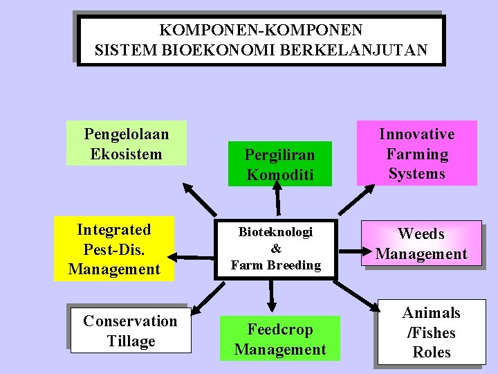 KOMPONEN-KOMPONEN SISTEM BIOEKONOMI BERKELANJUTAN Pengelolaan Ekosistem Integrated Pest-Dis. Management Conservation Tillage Pergiliran Komoditi Bioteknologi