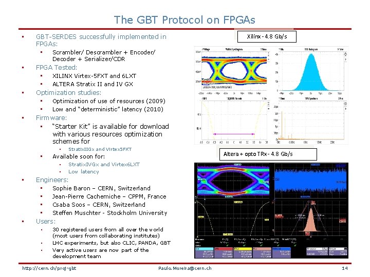 The GBT Protocol on FPGAs • GBT-SERDES successfully implemented in FPGAs: • Scrambler/ Descrambler