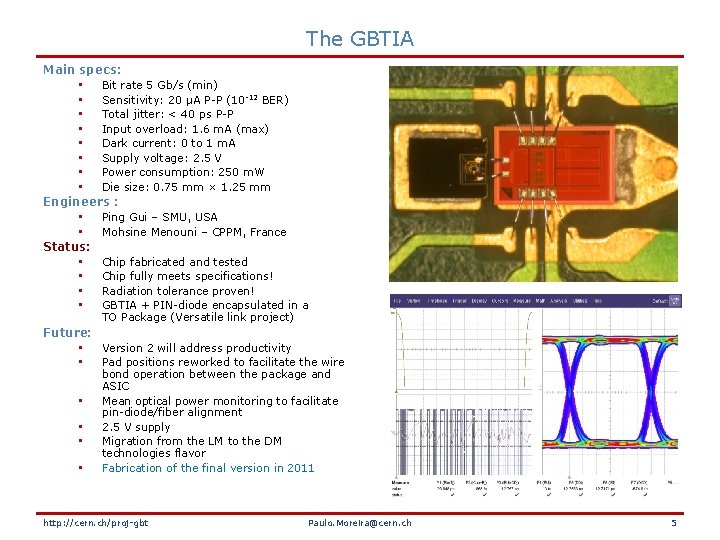 The GBTIA Main specs: • Bit rate 5 Gb/s (min) • Sensitivity: 20 μA