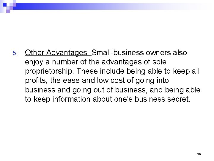 5. Other Advantages: Small-business owners also enjoy a number of the advantages of sole