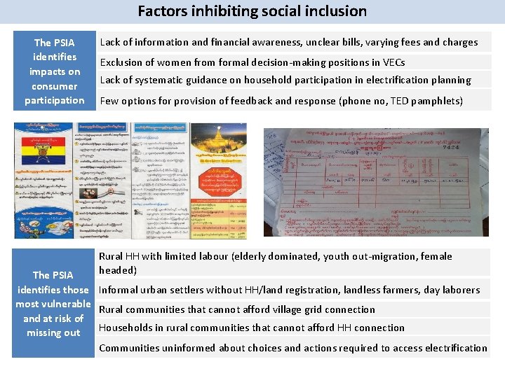 Factors inhibiting social inclusion The PSIA identifies impacts on consumer participation Lack of information