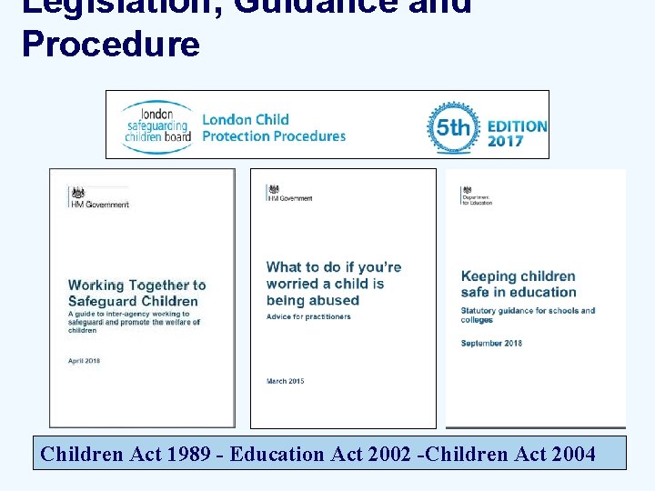 Legislation, Guidance and Procedure Children Act 1989 - Education Act 2002 -Children Act 2004