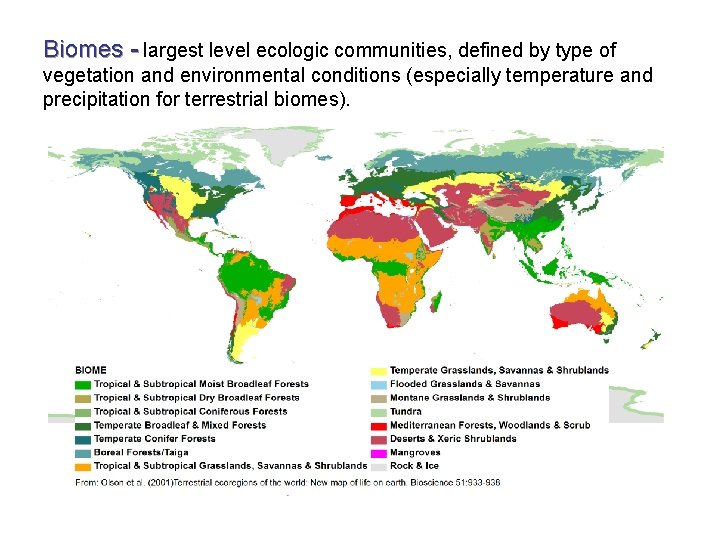 Biomes - largest level ecologic communities, defined by type of vegetation and environmental conditions