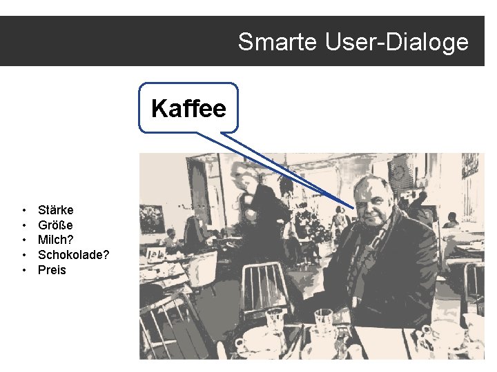 Smarte User-Dialoge Kaffee • • • Stärke Größe Milch? Schokolade? Preis 