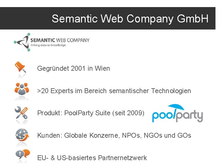 Semantic Web Company Gmb. H Gegründet 2001 in Wien >20 Experts im Bereich semantischer