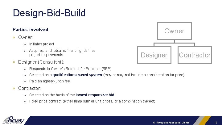 Design-Bid-Build Parties involved Owner » Owner: » Initiates project » Acquires land, obtains financing,