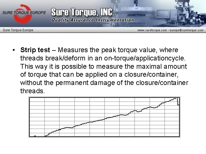  • Strip test – Measures the peak torque value, where threads break/deform in