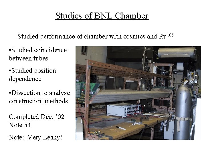 Studies of BNL Chamber Studied performance of chamber with cosmics and Ru 106 •
