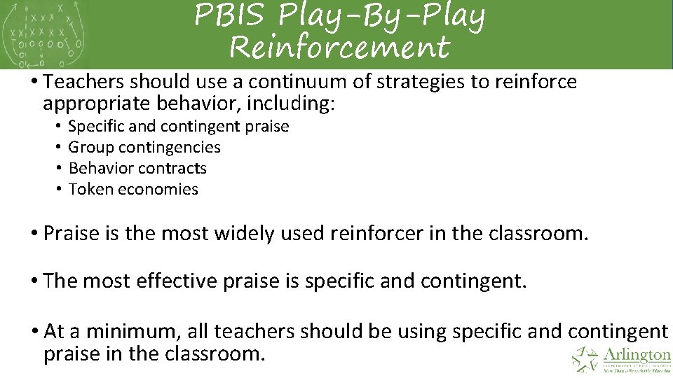 PBIS Play-By-Play Reinforcement • Teachers should use a continuum of strategies to reinforce appropriate