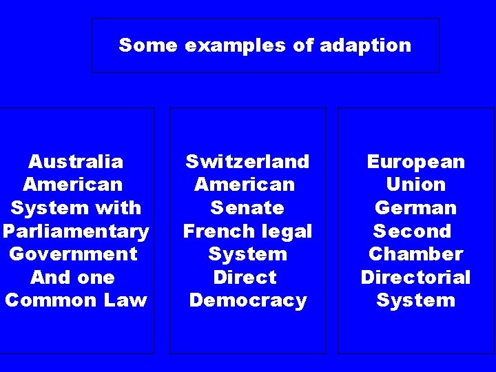 Some examples of adaption Australia American System with Parliamentary Government And one Common Law