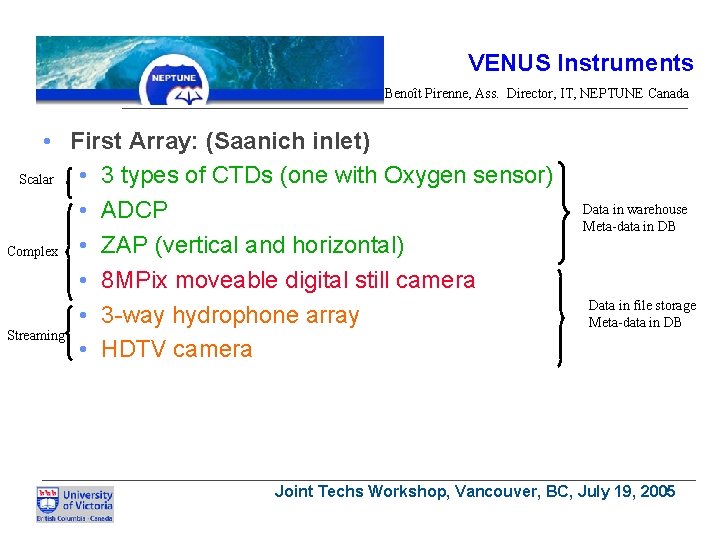 VENUS Instruments Benoît Pirenne, Ass. Director, IT, NEPTUNE Canada • First Array: (Saanich inlet)