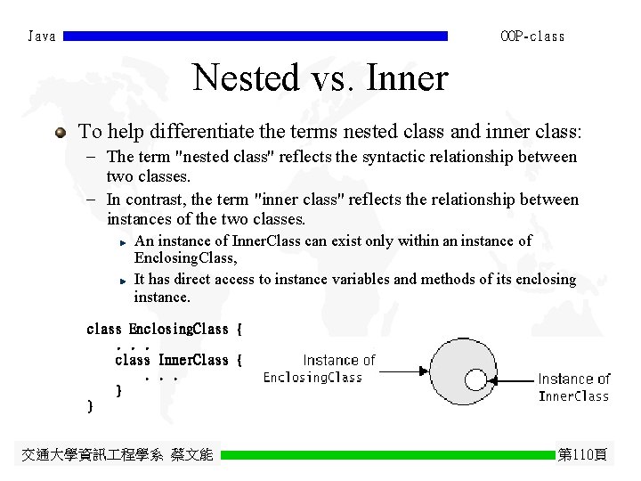 Java OOP-class Nested vs. Inner To help differentiate the terms nested class and inner Java OOP-class Nested vs. Inner To help differentiate the terms nested class and inner