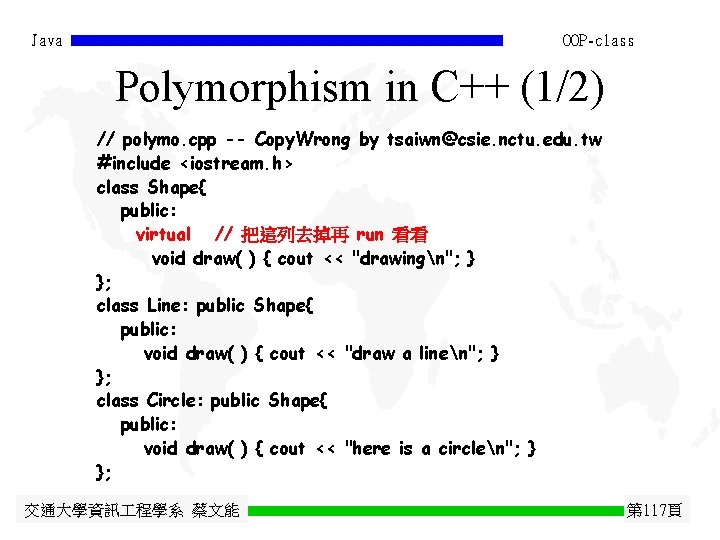 Java OOP-class Polymorphism in C++ (1/2) // polymo. cpp -- Copy. Wrong by tsaiwn@csie.