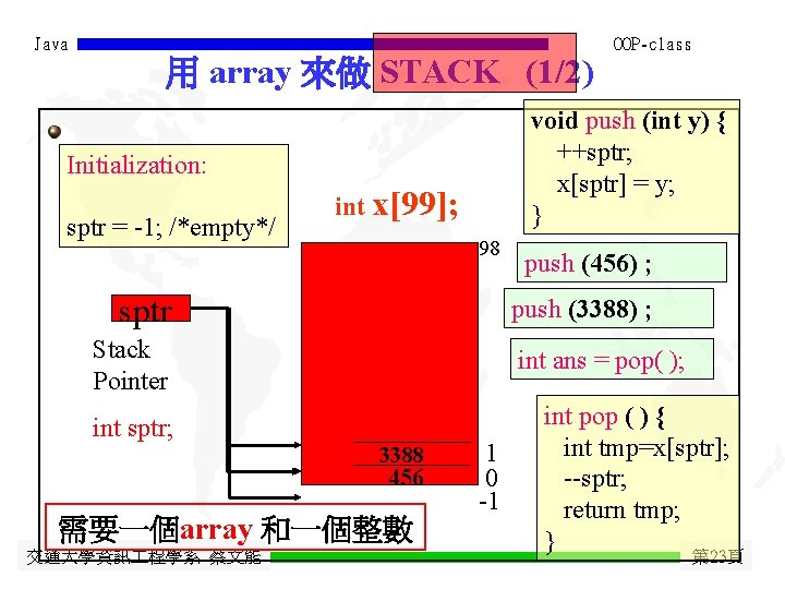 Java 用 array 來做 STACK (1/2) void push (int y) { ++sptr; x[sptr] =
