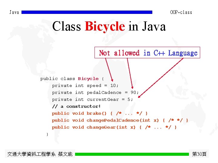 Java OOP-class Class Bicycle in Java Not allowed in C++ Language public class Bicycle