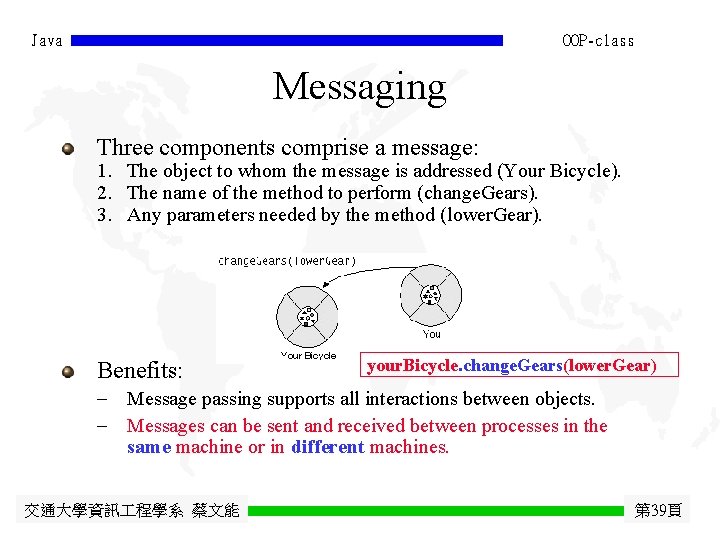 Java OOP-class Messaging Three components comprise a message: 1. The object to whom the