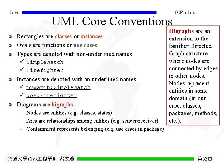 Java UML Core Conventions Rectangles are classes or instances Ovals are functions or use