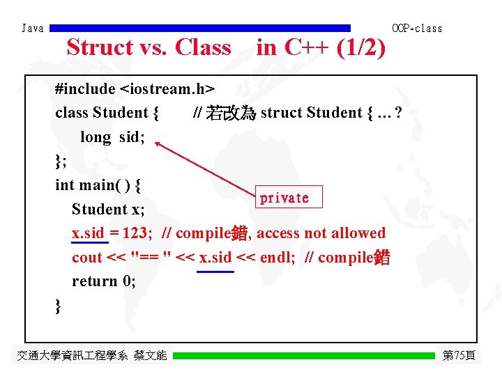 Java Struct vs. Class in C++ (1/2) OOP-class #include <iostream. h> class Student {