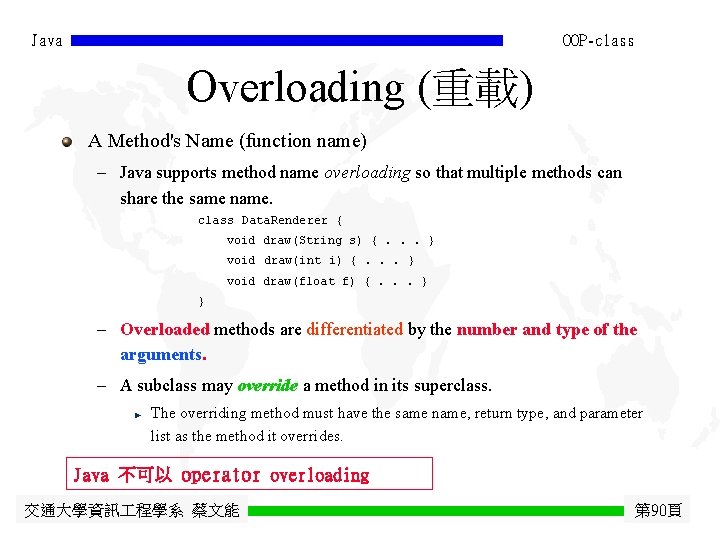 Java OOP-class Overloading (重載) A Method's Name (function name) - Java supports method name Java OOP-class Overloading (重載) A Method's Name (function name) - Java supports method name